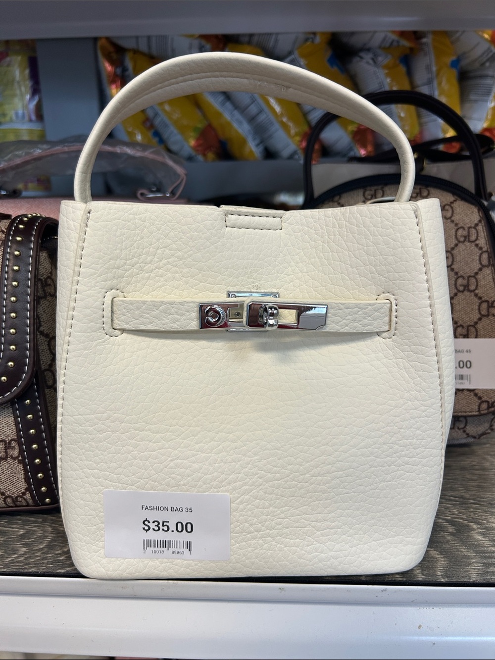 Cream Pebbled Top-Handle Mini Bag‎ with Silver-Tone Clasp